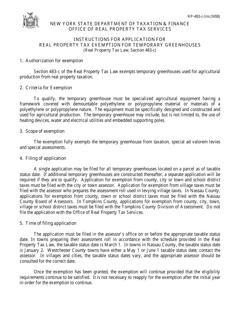 Instructions for Form RP-483-C Application for Real Property Tax Exemption for Temporary Greenhouses - New York, Page 1