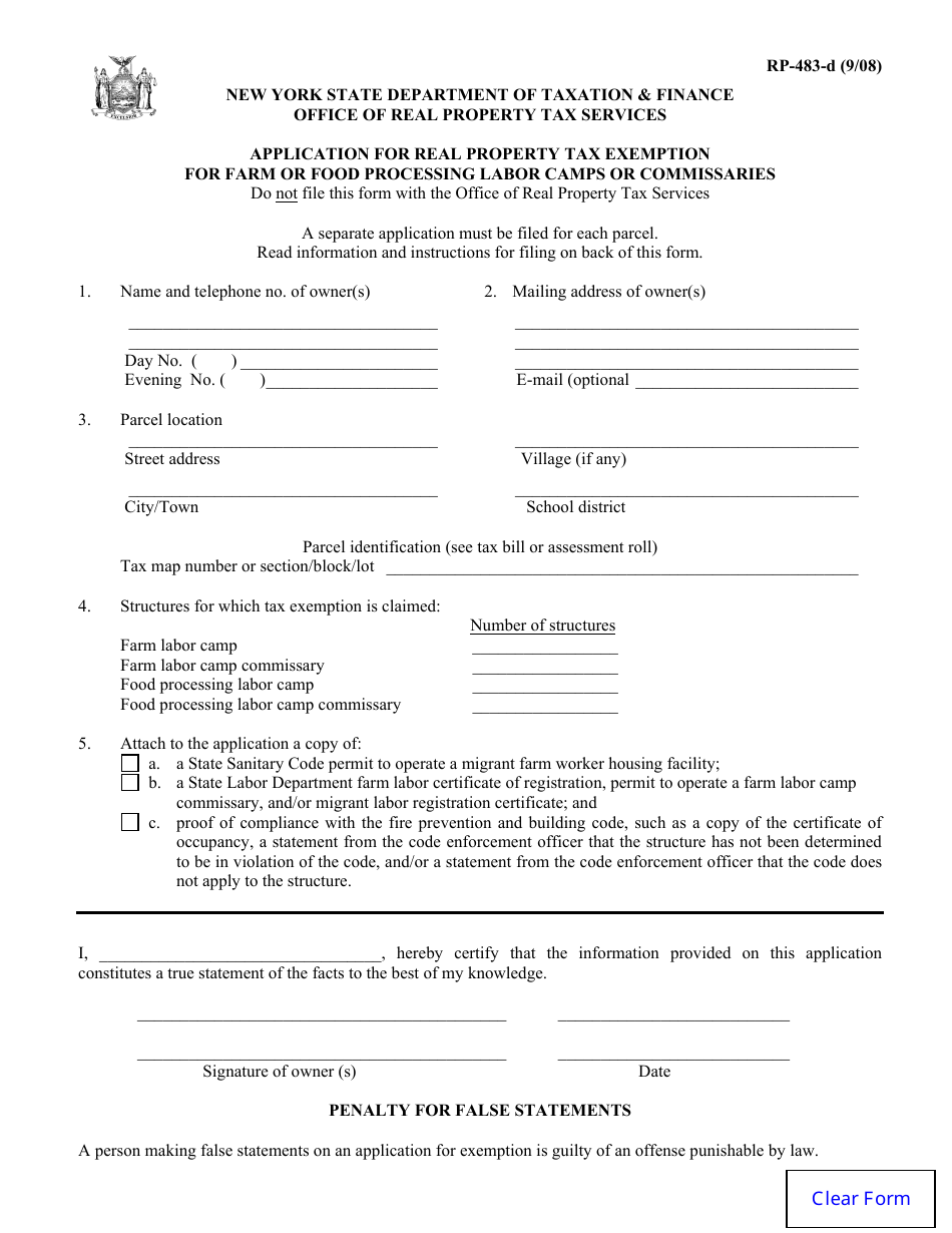 Form RP-483-d Application for Real Property Tax Exemption for Farm or Food Processing Labor Camps or Commissaries - New York, Page 1