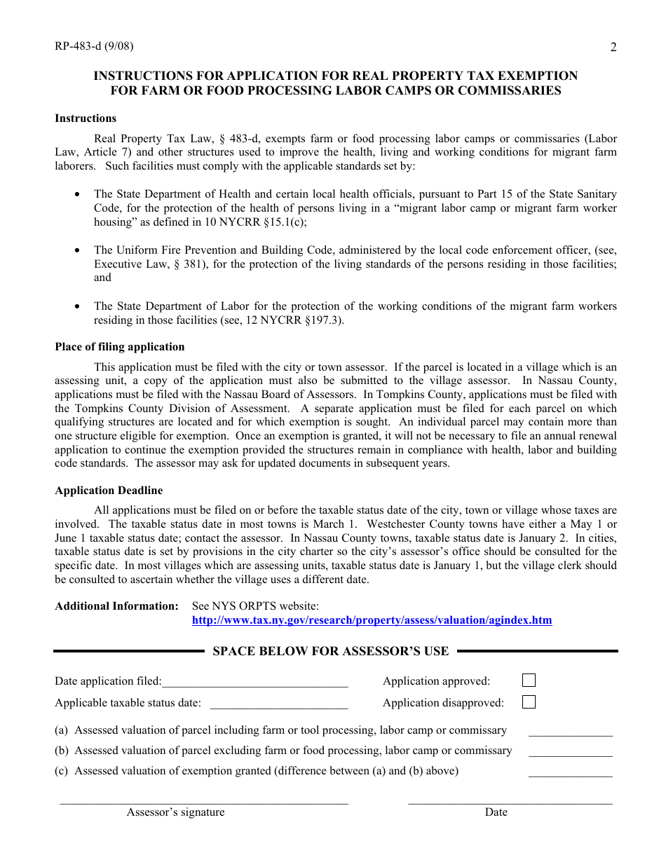 Form RP-483-d Application for Real Property Tax Exemption for Farm or Food Processing Labor Camps or Commissaries - New York, Page 2