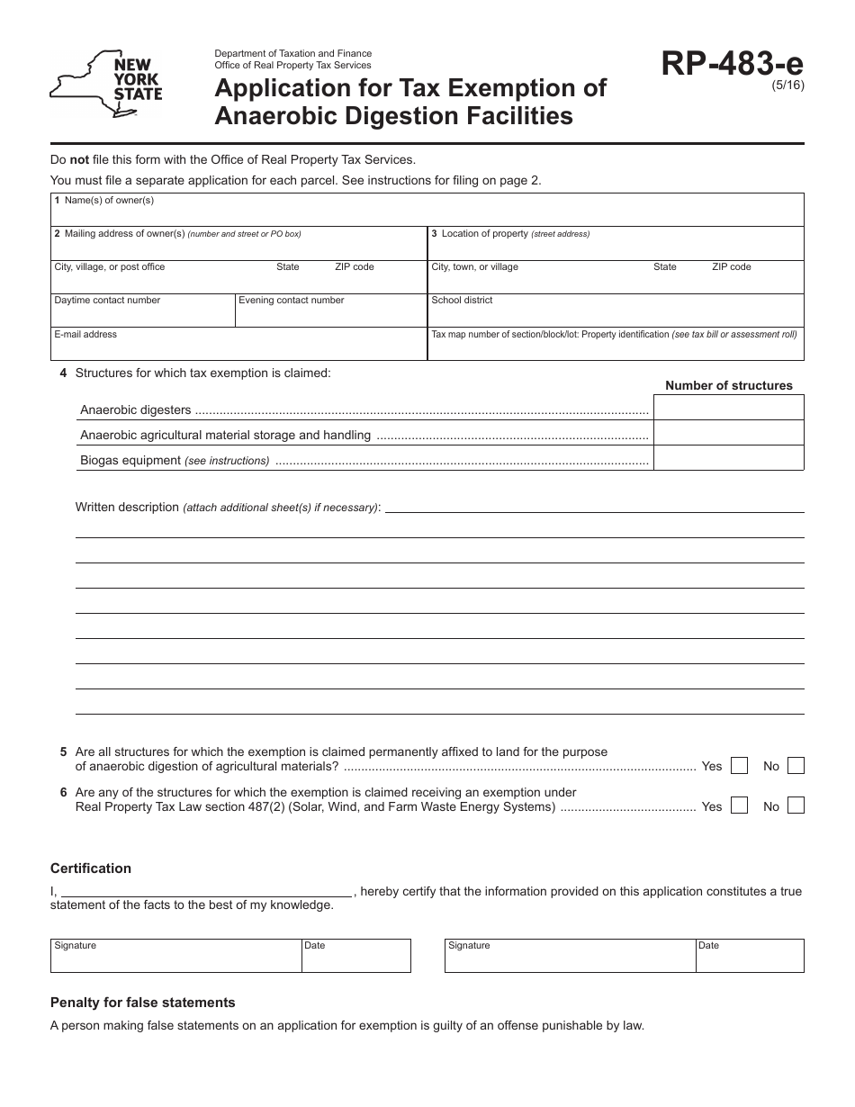 Form RP-483-E Application for Tax Exemption of Anaerobic Digestion Facilities - New York, Page 1