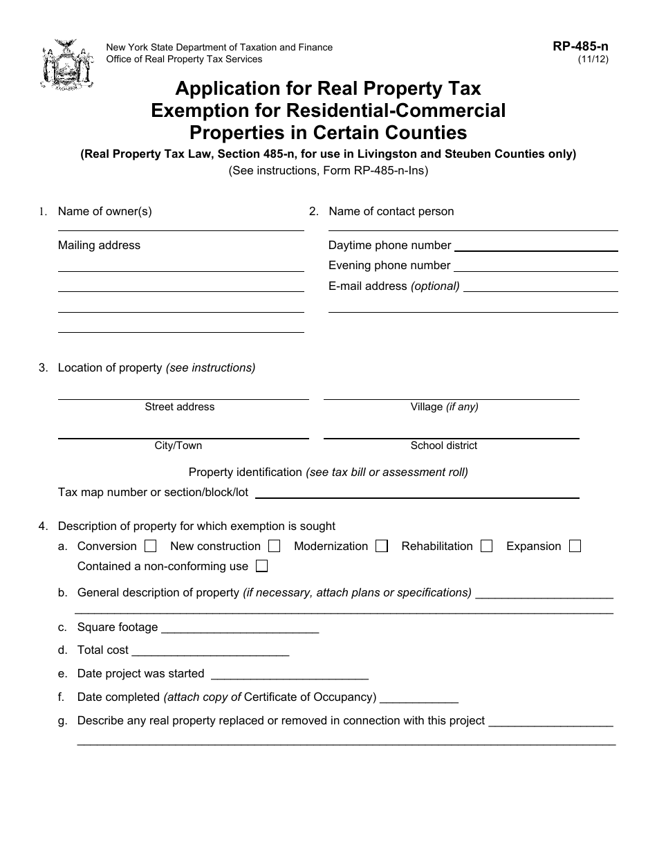 Form RP-485-N Application for Real Property Tax Exemption for Residential-Commercial Properties in Certain Counties - New York, Page 1