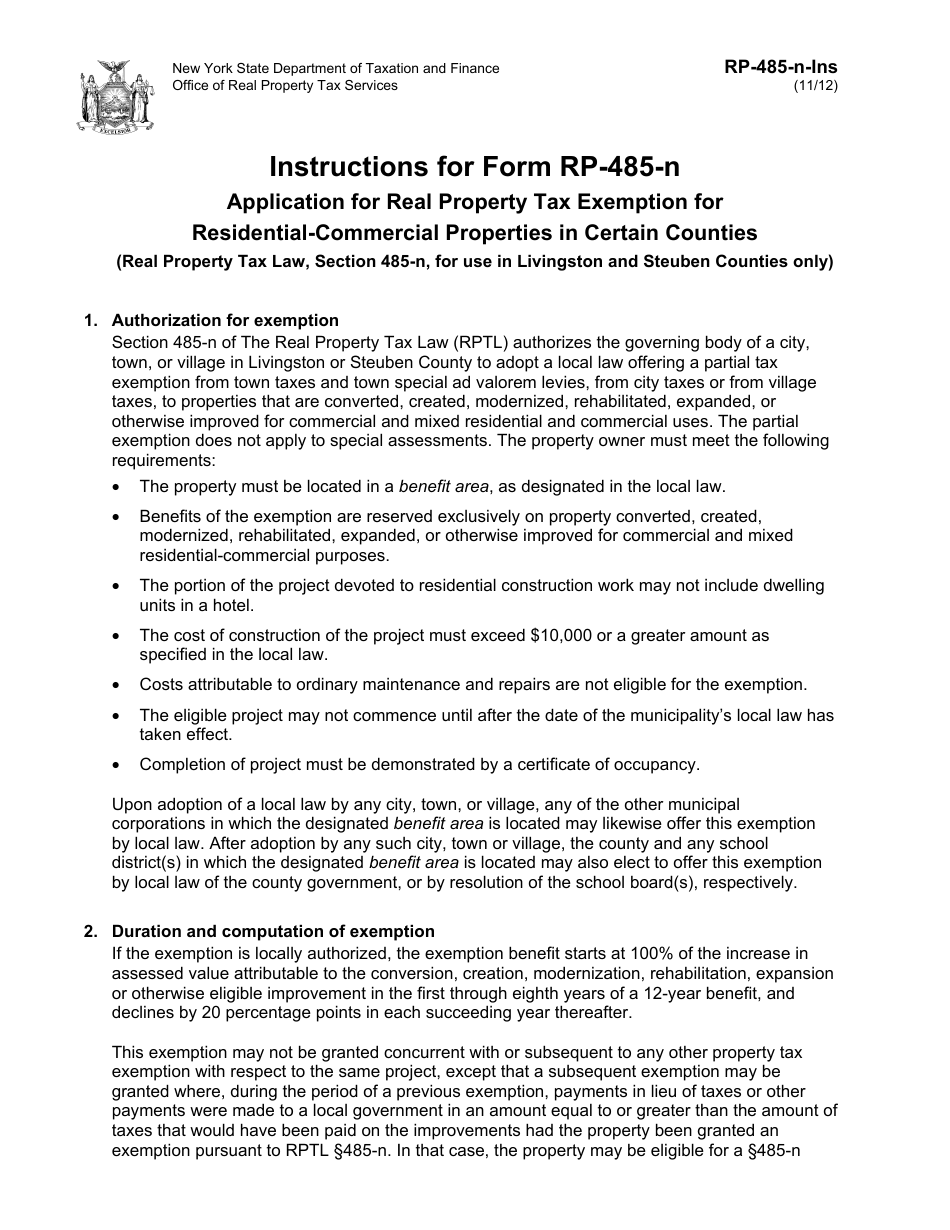 Instructions for Form RP-485-N Application for Real Property Tax Exemption for Residential-Commercial Properties in Certain Counties - New York, Page 1
