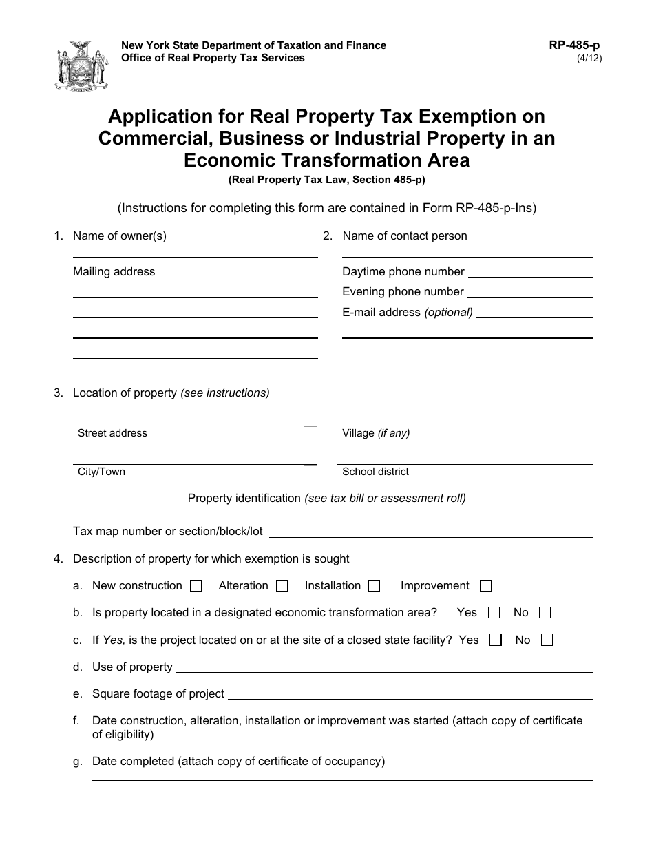 Form RP-485-P Application for Real Property Tax Exemption on Commercial, Business or Industrial Property in an Economic Transformation Area - New York, Page 1