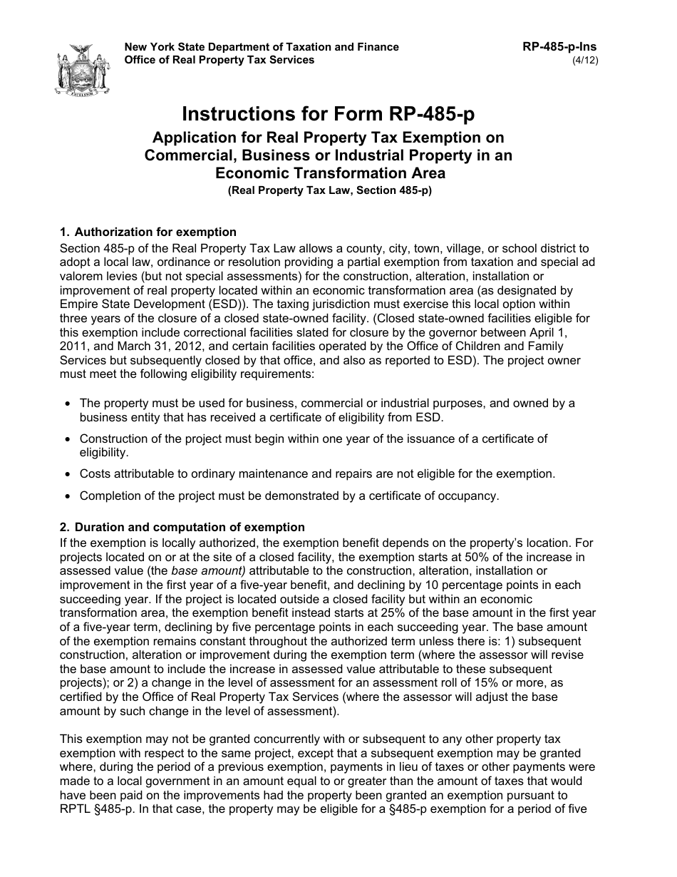 Instructions for Form RP-485-P Application for Real Property Tax Exemption on Commercial, Business or Industrial Property in an Economic Transformation Area - New York, Page 1