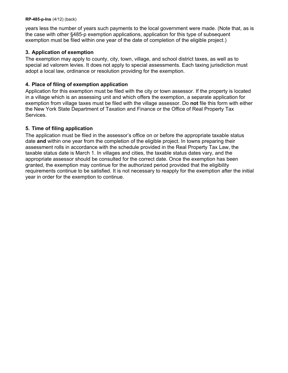 Instructions for Form RP-485-P Application for Real Property Tax Exemption on Commercial, Business or Industrial Property in an Economic Transformation Area - New York, Page 2