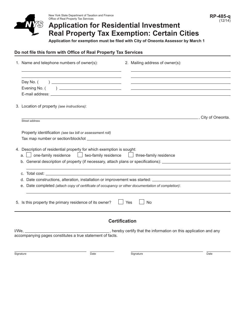 Form RP-485-Q Application for Residential Investment Real Property Tax Exemption: Certain Cities - New York, Page 1