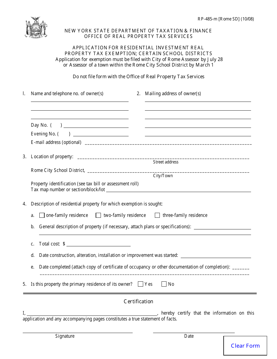 Form RP-485-M [ROME SD] Application for Residential Investment Real Property Tax Exemption; Certain School Districts - New York, Page 1