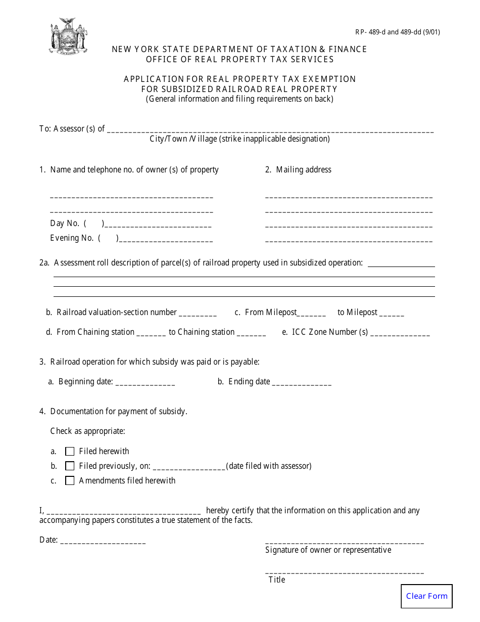 Form RP-489-D AND 489-DD Application for Real Property Tax Exemption for Subsidized Railroad Real Property - New York, Page 1
