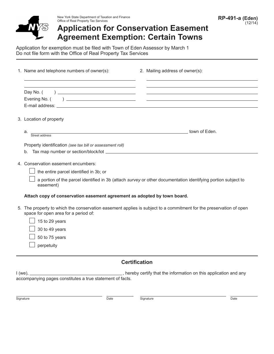 Form RP-491-A (EDEN) Application for Conservation Easement Agreement Exemption: Certain Towns - New York, Page 1