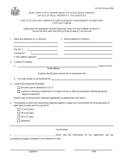Form RP-491 [ELMA] Application for Conservation Easement Agreement Exemption. Certain Towns - New York