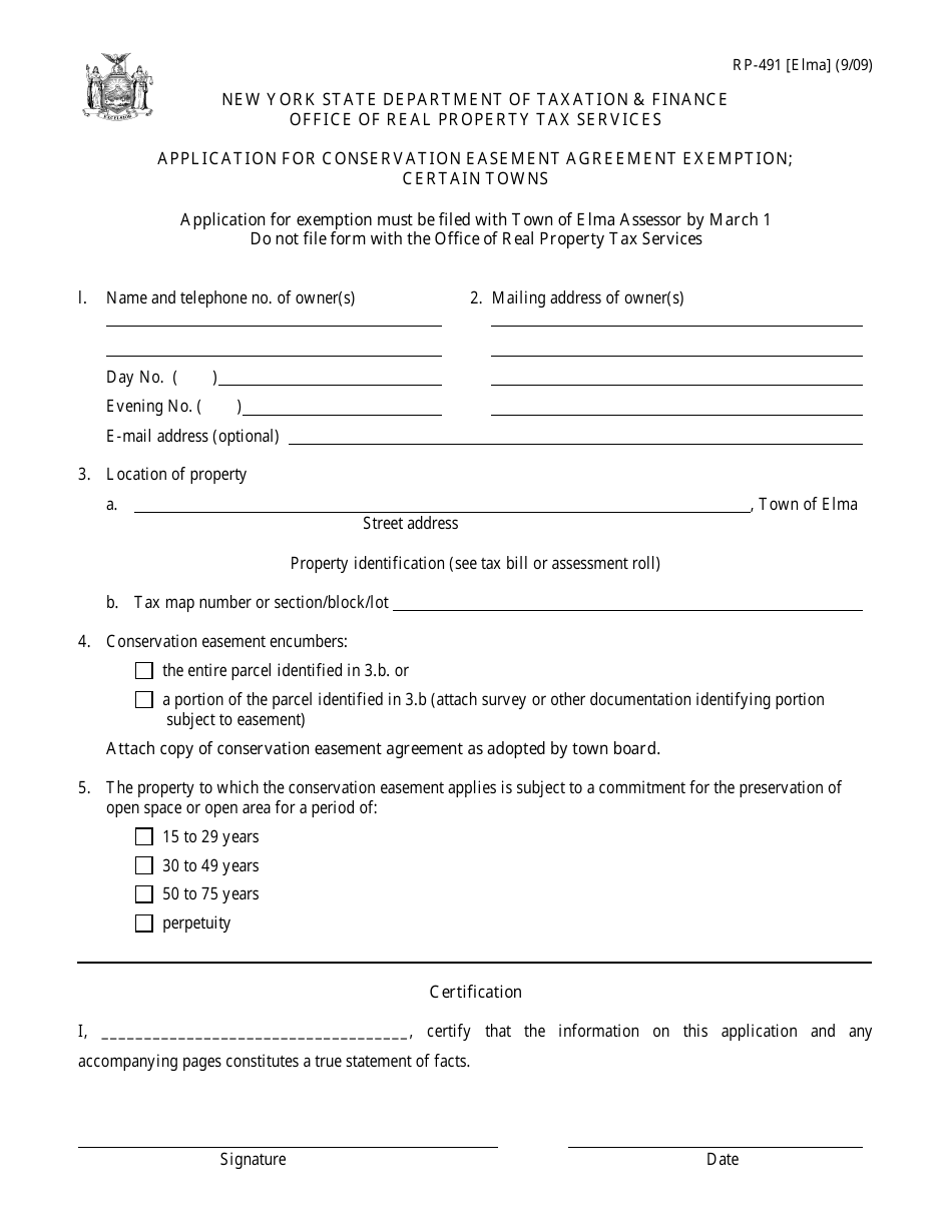 Form RP-491 [ELMA] Application for Conservation Easement Agreement Exemption. Certain Towns - New York, Page 1