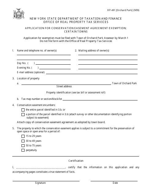 Form RP-491 [ORCHARD PARK] Application for Conservation Easement Agreement Exemption. Certain Towns - New York