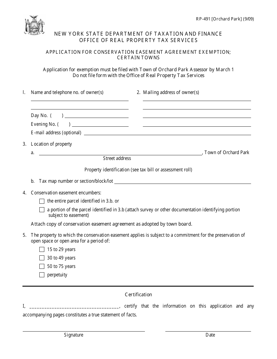 Form RP-491 [ORCHARD PARK] Application for Conservation Easement Agreement Exemption. Certain Towns - New York, Page 1