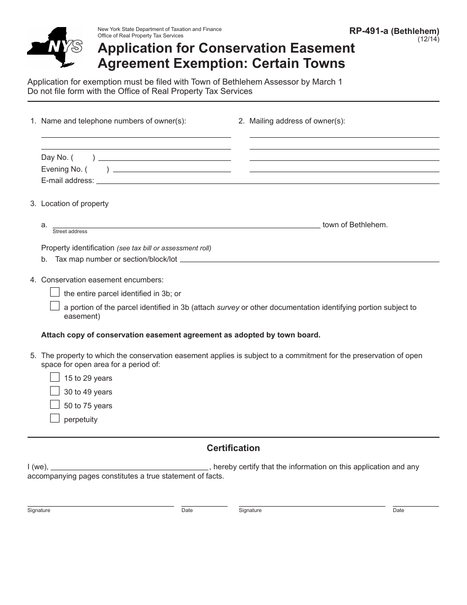 Form RP-491-A (BETHLEHEM) Application for Conservation Easement Agreement Exemption: Certain Towns - New York, Page 1