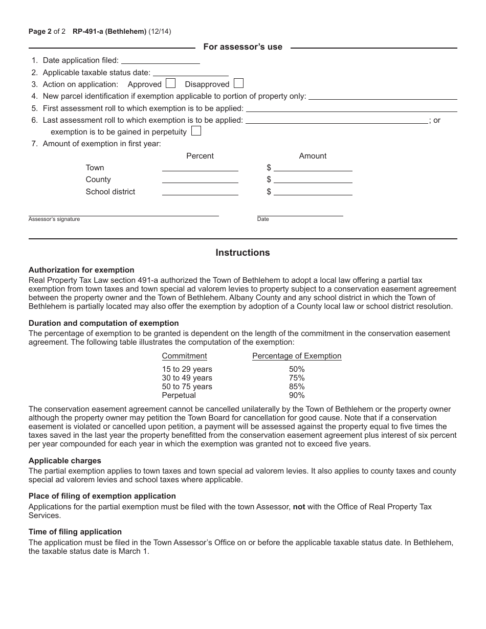 Form RP-491-A (BETHLEHEM) Application for Conservation Easement Agreement Exemption: Certain Towns - New York, Page 2