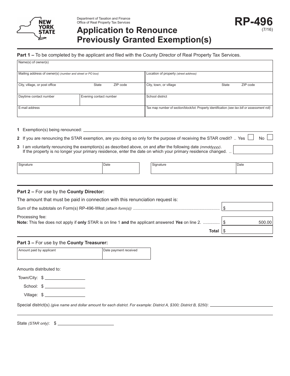 Form RP-496 Application to Renounce Previously Granted Exemption(S) - New York, Page 1
