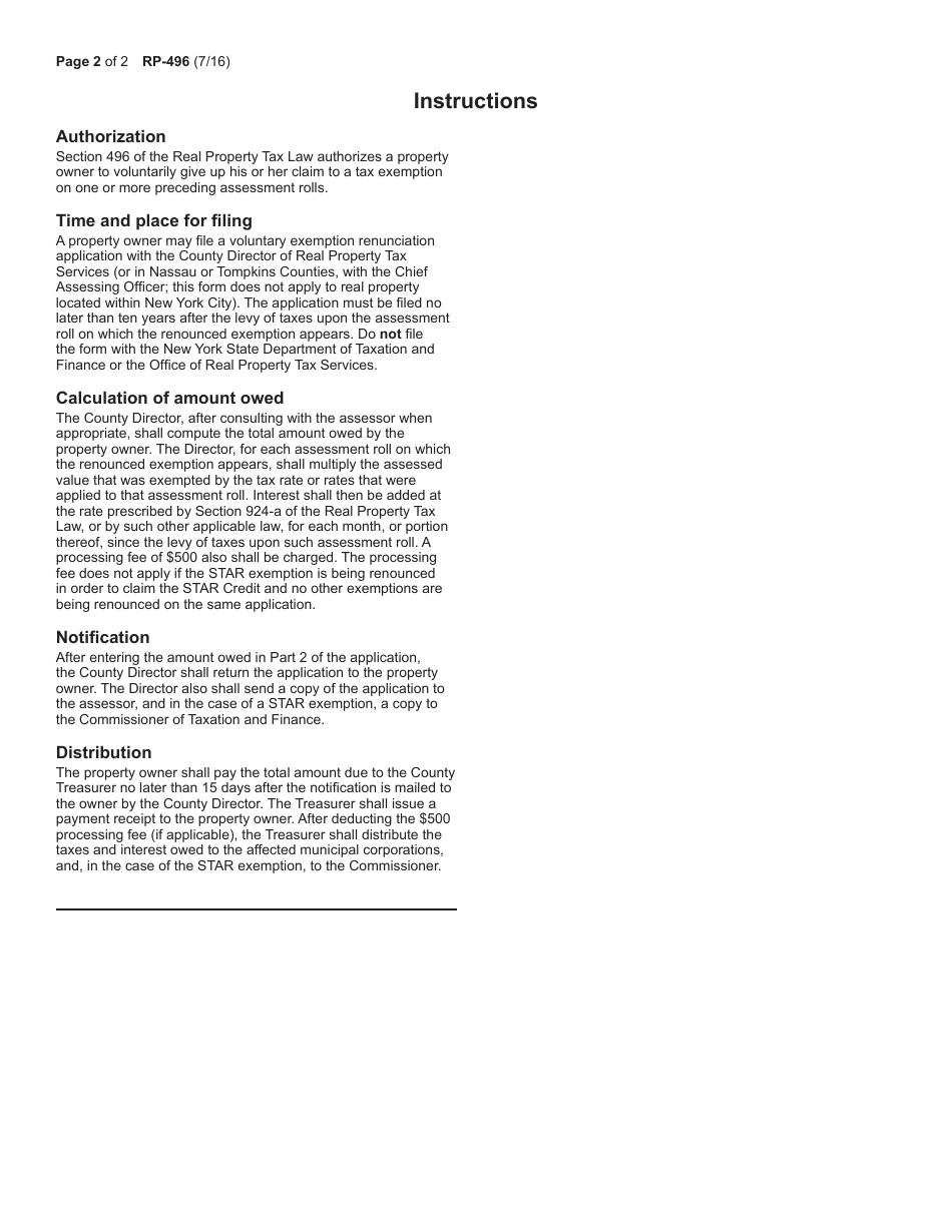 Form RP-496 Application to Renounce Previously Granted Exemption(S) - New York, Page 2