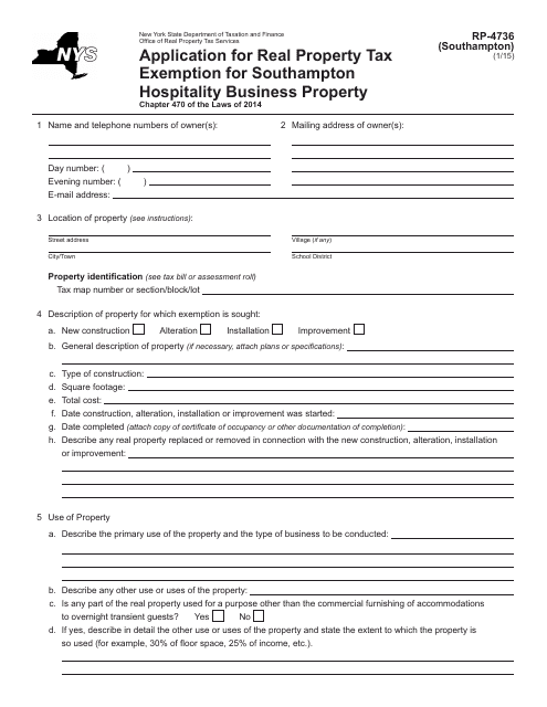 Form RP-4736 (SOUTHAMPTON) Application for Real Property Tax Exemption for Southampton Hospitality Business Property - New York