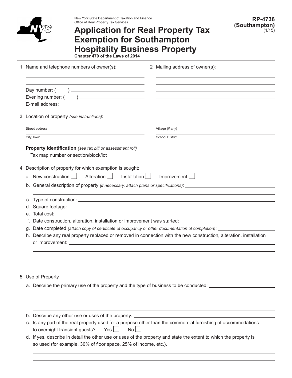 Form RP-4736 (SOUTHAMPTON) Application for Real Property Tax Exemption for Southampton Hospitality Business Property - New York, Page 1