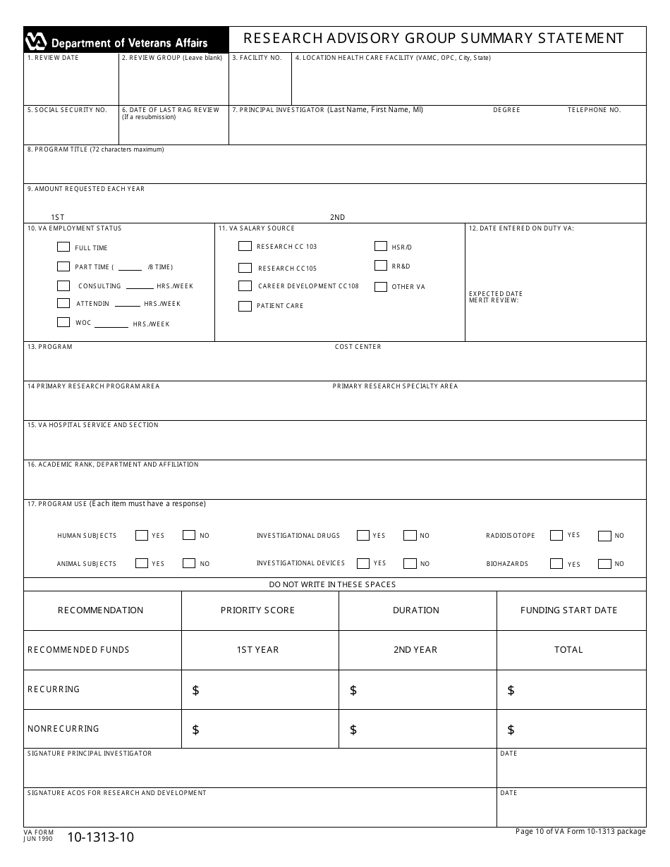 VA Form 10-1313-10 Research Advisory Group Summary Statement, Page 1