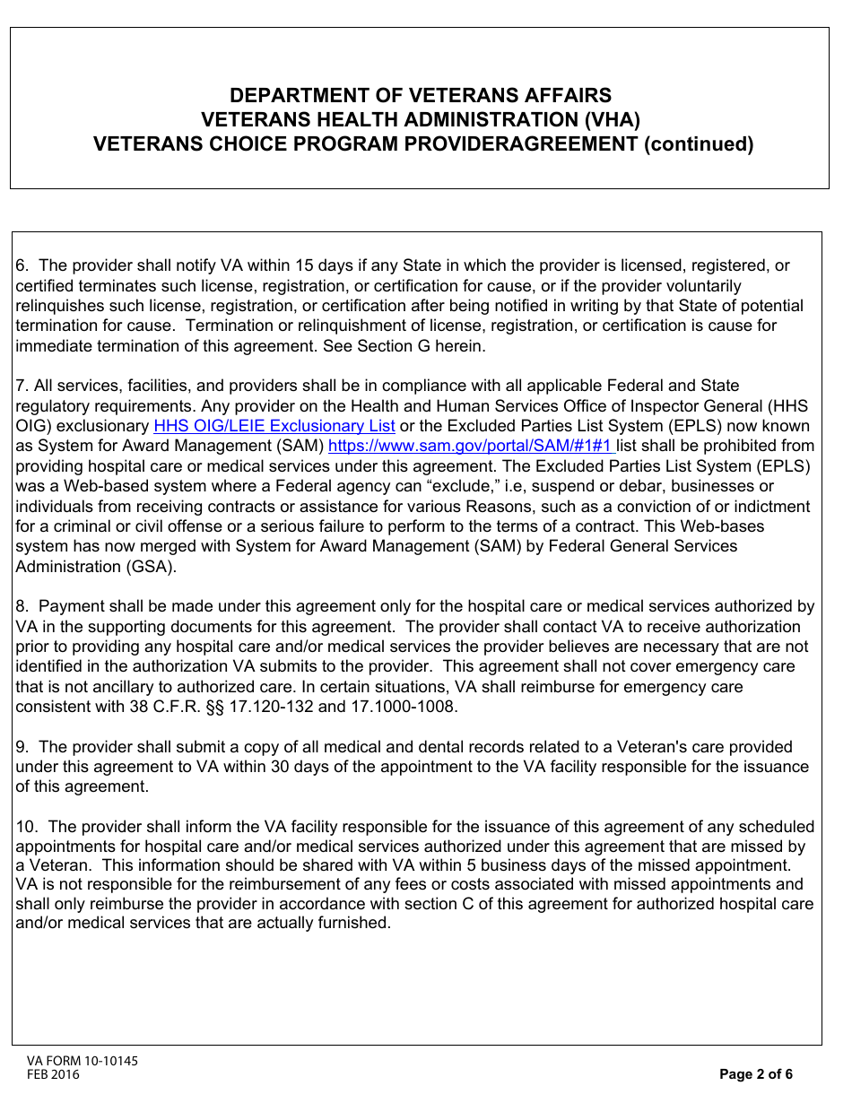 VA Form 10-10145 Veterans Choice Program Provider Agreement, Page 2