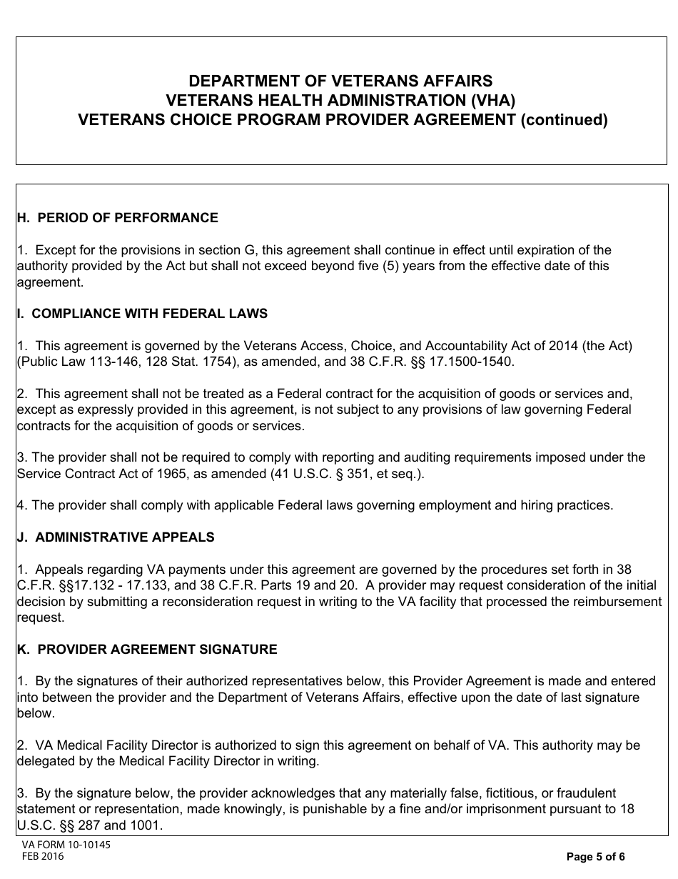 VA Form 10-10145 Veterans Choice Program Provider Agreement, Page 5