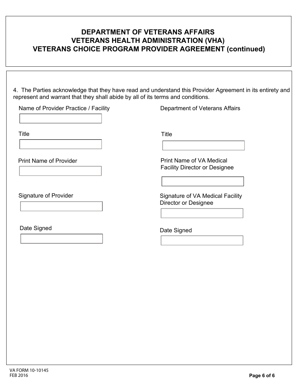 VA Form 10-10145 Veterans Choice Program Provider Agreement, Page 6