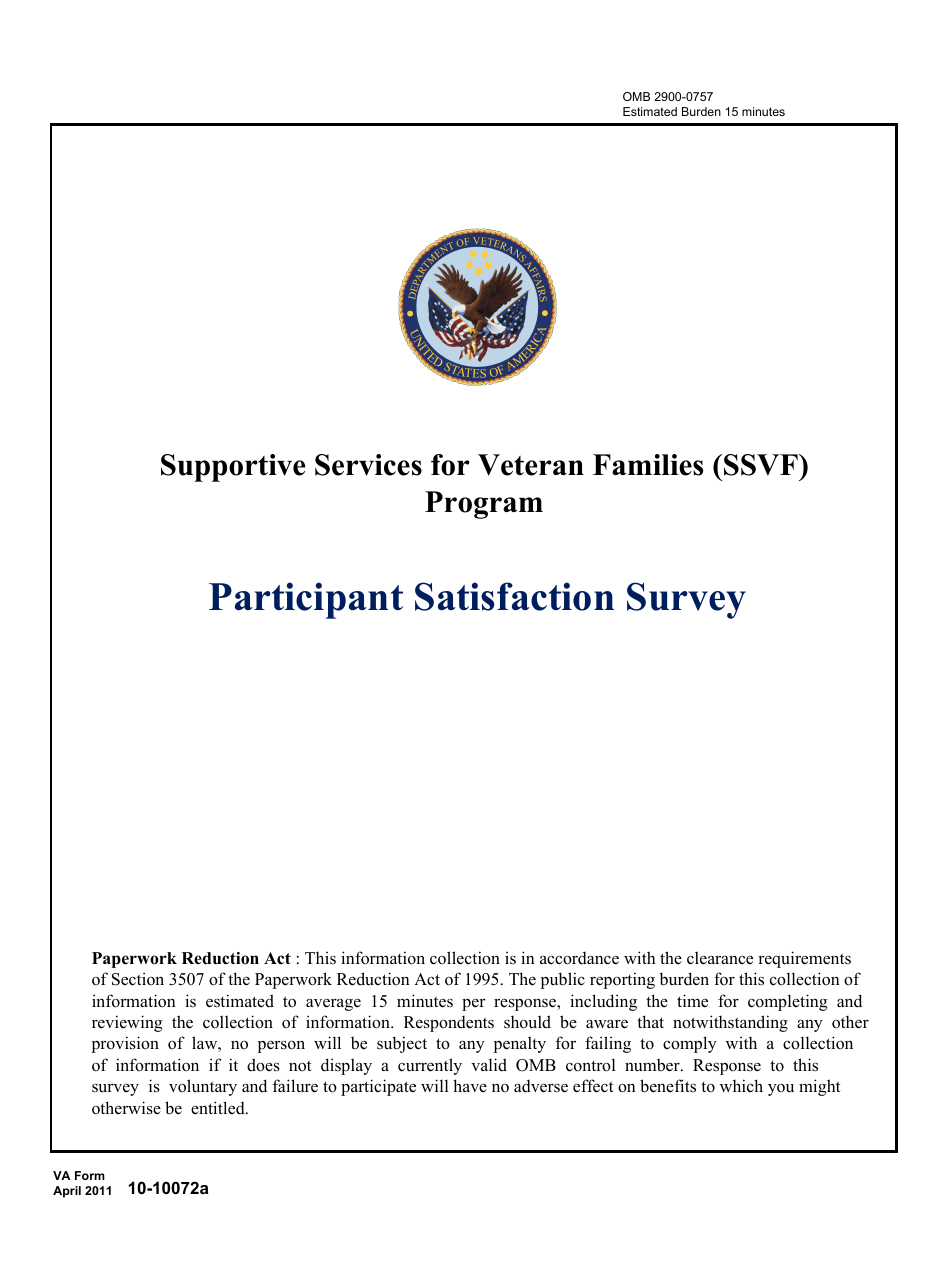 VA Form 10-10072A Supportive Services for Veteran Families (SSVF) Program Participant Satisfaction Survey, Page 1