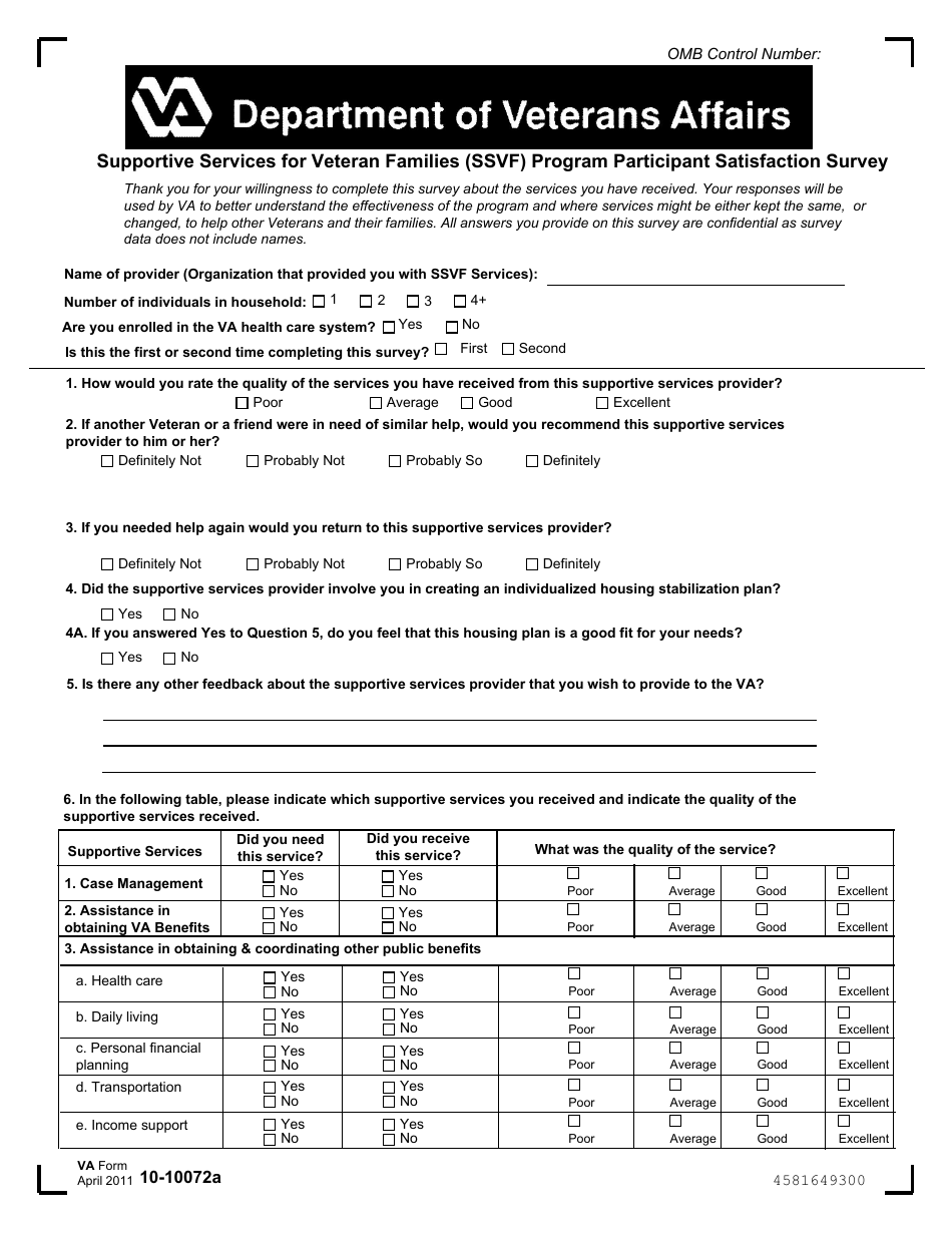 VA Form 10-10072A Supportive Services for Veteran Families (SSVF) Program Participant Satisfaction Survey, Page 2