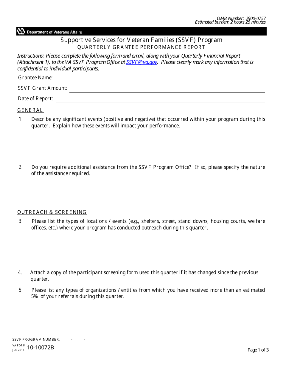 VA Form 10-10072B Quarterly Grantee Performance Report - Supportive Services for Veteran Families (SSVF) Program, Page 1