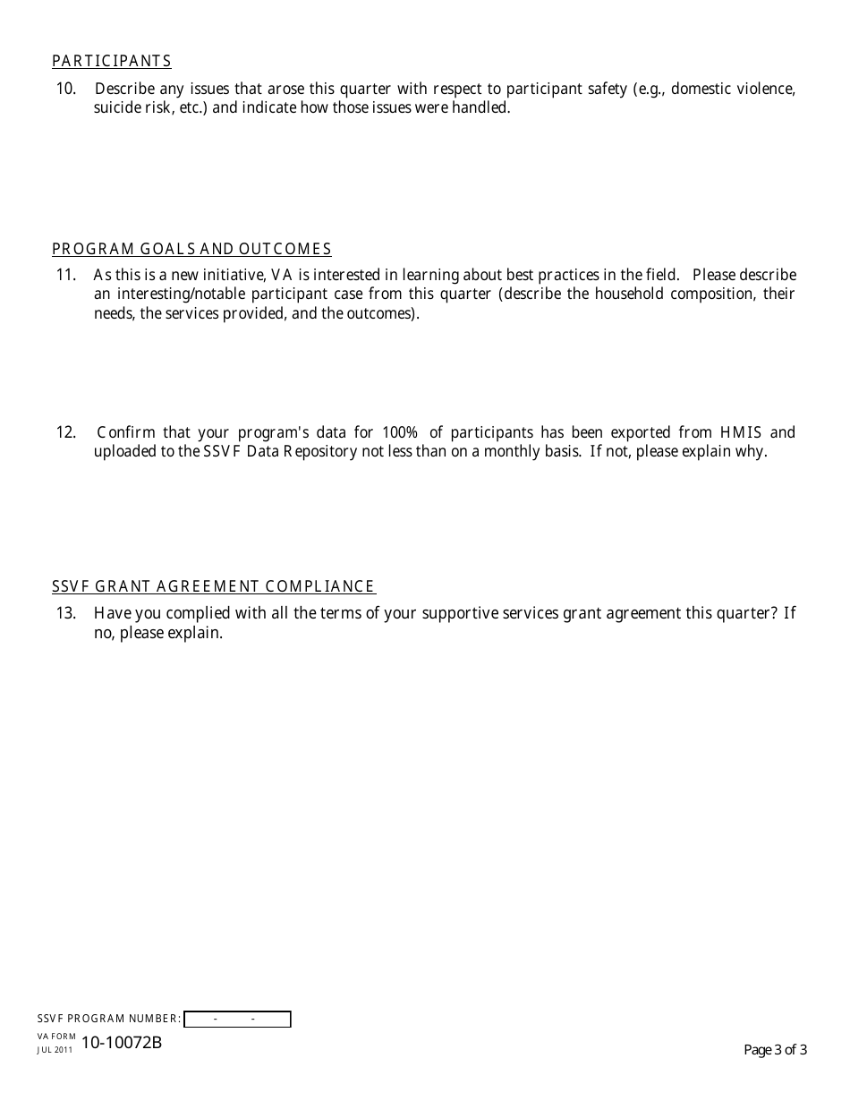 VA Form 10-10072B Quarterly Grantee Performance Report - Supportive Services for Veteran Families (SSVF) Program, Page 3
