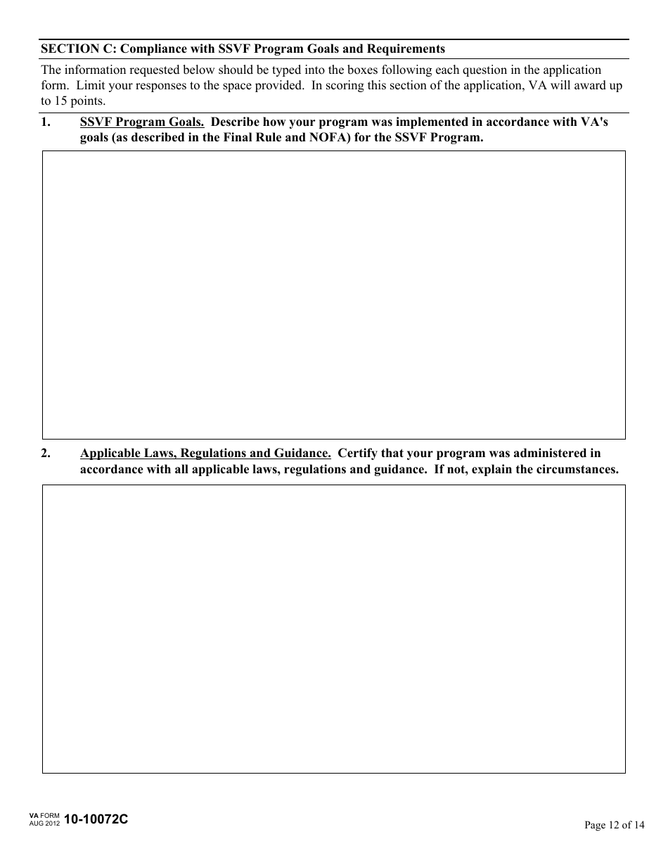 VA Form 10-10072C Renewal Application for Supportive Services Grant - Supportive Services for Veteran Families (SSVF) Program, Page 12