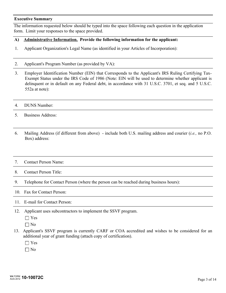 VA Form 10-10072C Renewal Application for Supportive Services Grant - Supportive Services for Veteran Families (SSVF) Program, Page 3