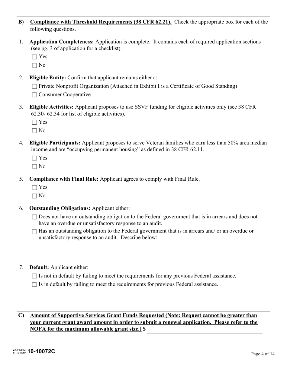 VA Form 10-10072C Renewal Application for Supportive Services Grant - Supportive Services for Veteran Families (SSVF) Program, Page 4