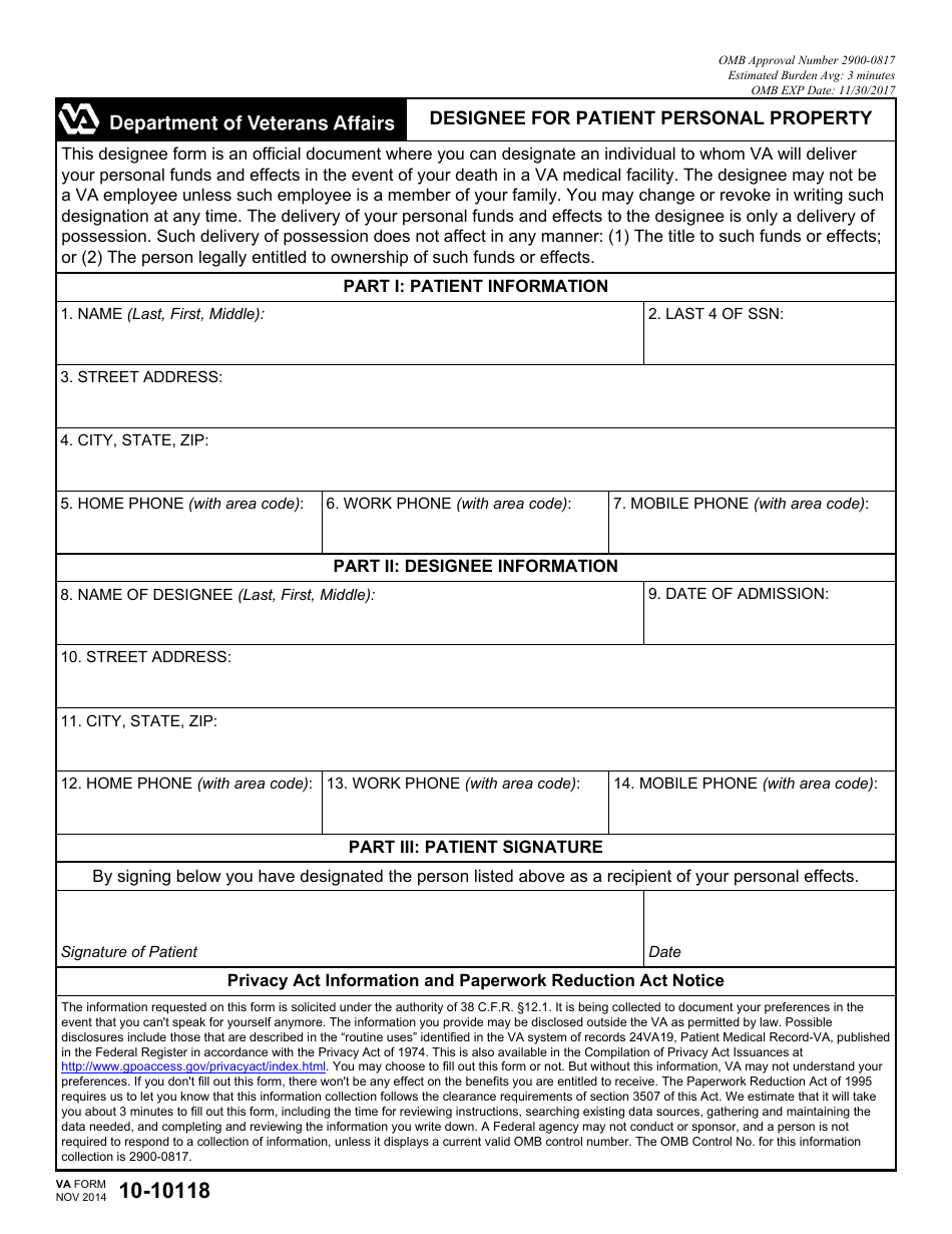 VA Form 10-10118 Designee for Patient Personal Property, Page 1