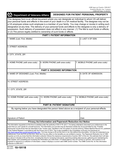 VA Form 10-10118 Designee for Patient Personal Property