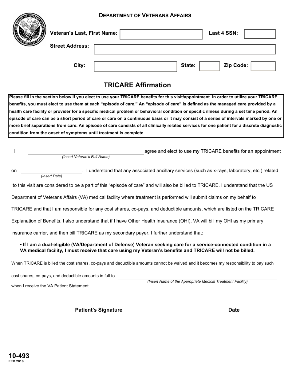 VA Form 10-493 TRICARE Affirmation, Page 1