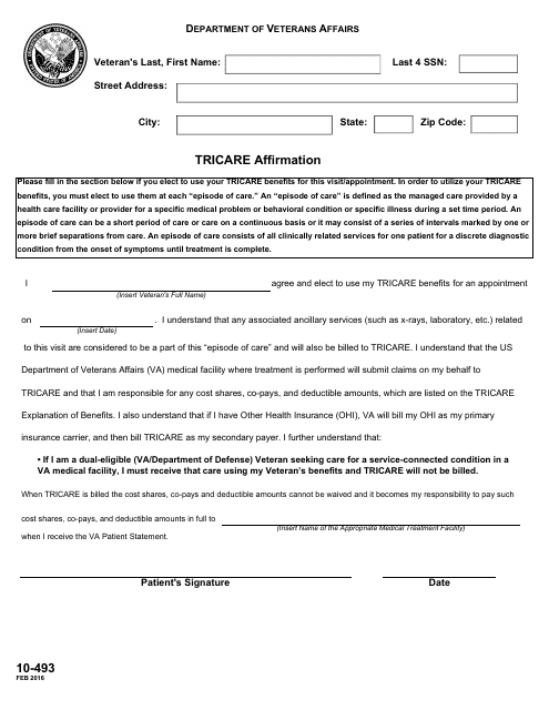 VA Form 10-493 TRICARE Affirmation