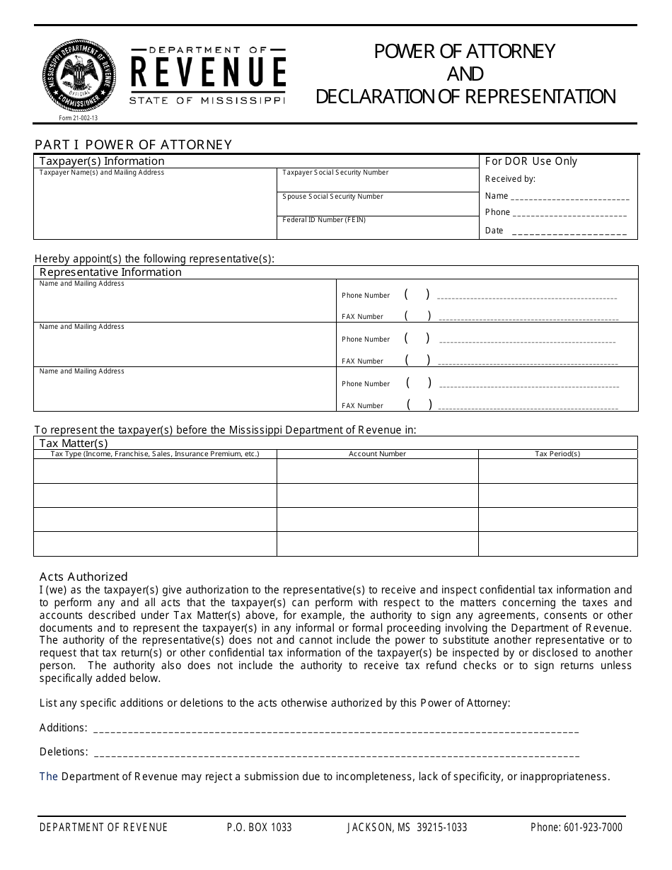Form 21-002 Power of Attorney and Declaration of Representation - Mississippi, Page 1