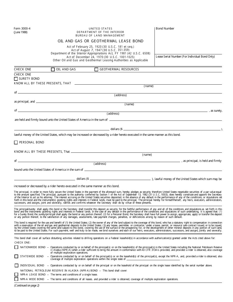 BLM Form 3000-4 Oil and Gas or Geothermal Lease Bond, Page 1