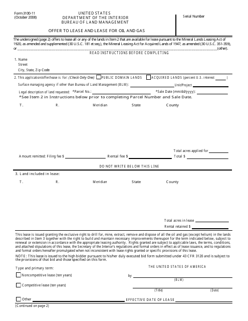 BLM Form 3100-11 Offer to Lease and Lease for Oil and Gas