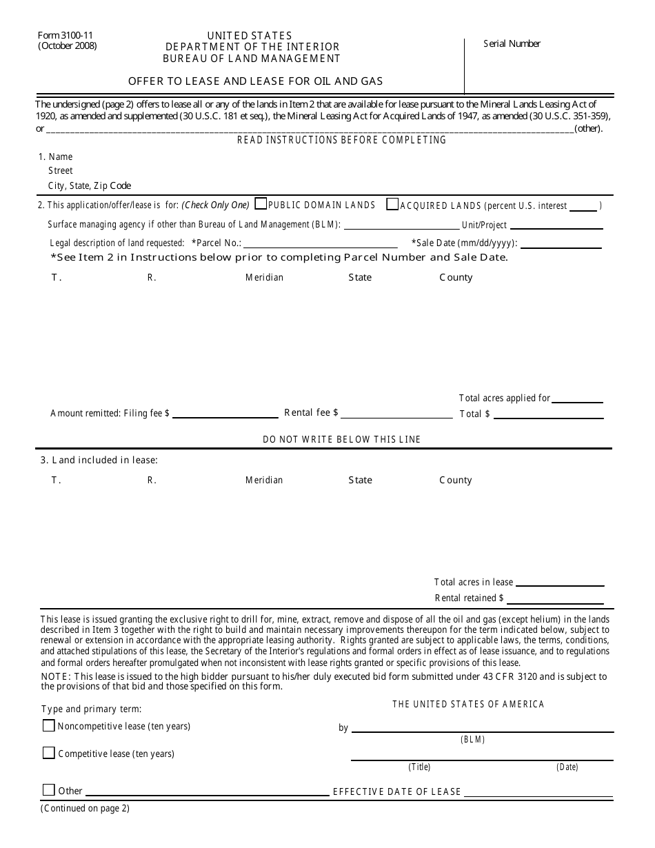 BLM Form 3100-11 Offer to Lease and Lease for Oil and Gas, Page 1