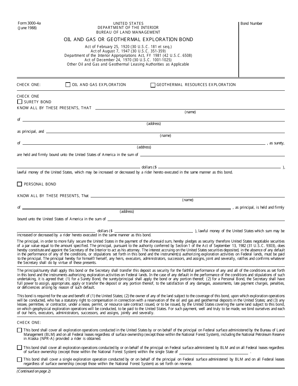 BLM Form 3000-4a Oil and Gas or Geothermal Exploration Bond, Page 1