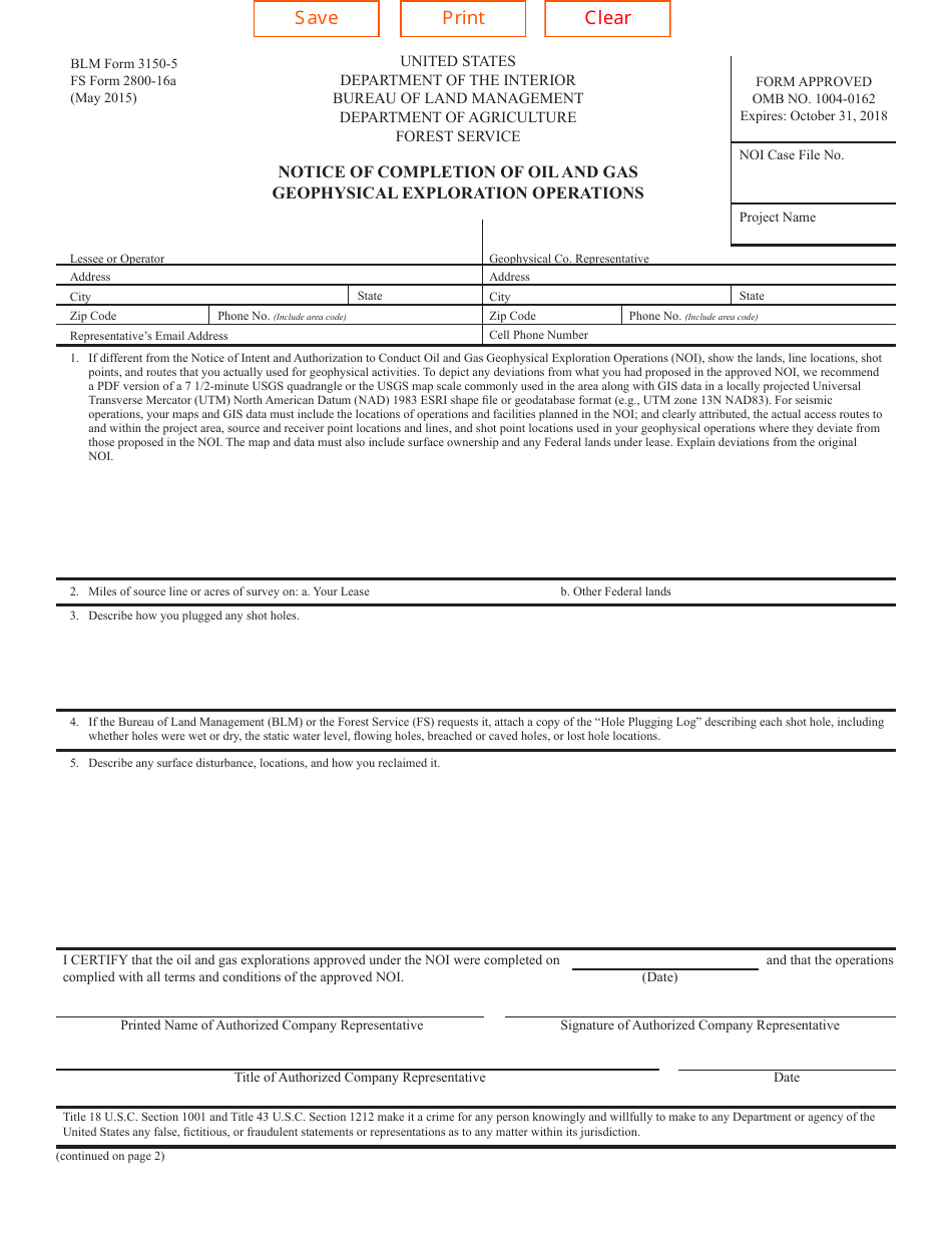 BLM Form 3150-5 (FS Form 2800-16A) Notice of Completion of Oil and Gas Geophysical Exploration Operations, Page 1