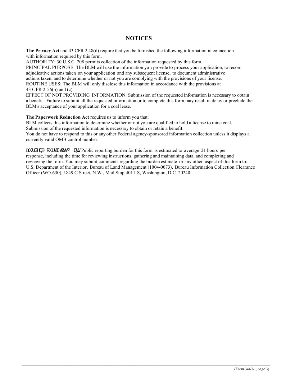 BLM Form 3440-1 Application and License to Mine Coal, Page 3