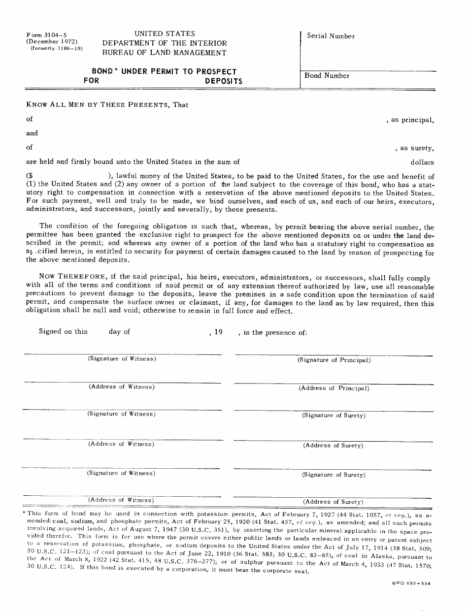 BLM Form 3104-5 Bond Under Permit to Prospect for Deposits, Page 1