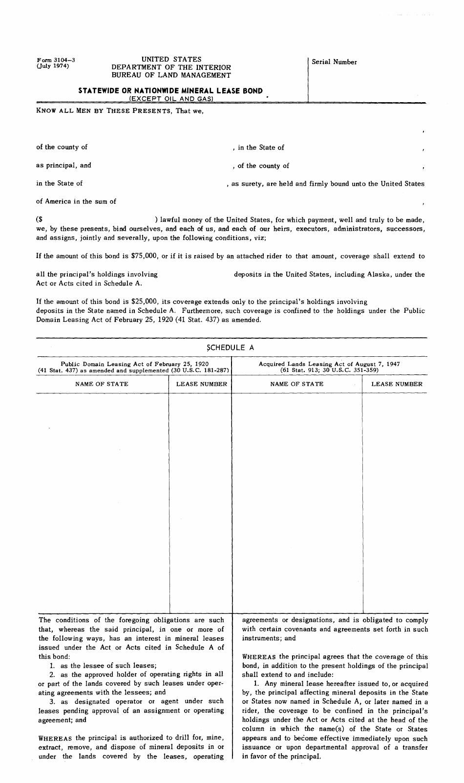 BLM Form 3104-3 Statewide or Nationwide Mineral Lease Bond, Page 1