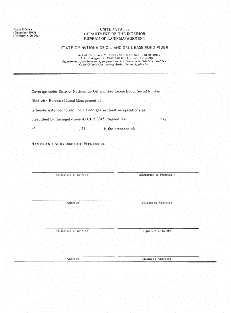 BLM Form 3104-8A State or Nationwide Oil and Gas Lease Bond Rider