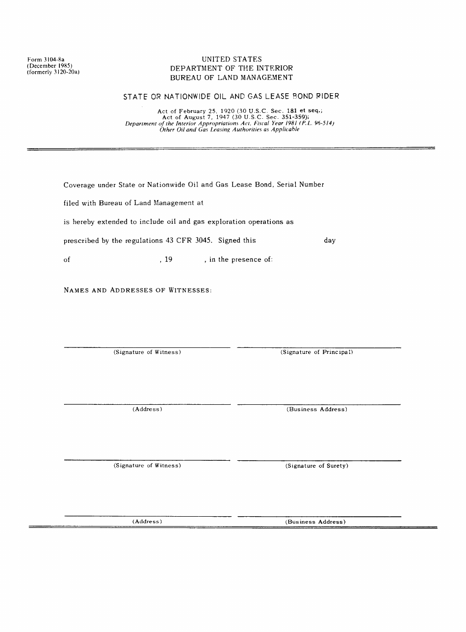 BLM Form 3104-8A State or Nationwide Oil and Gas Lease Bond Rider, Page 1