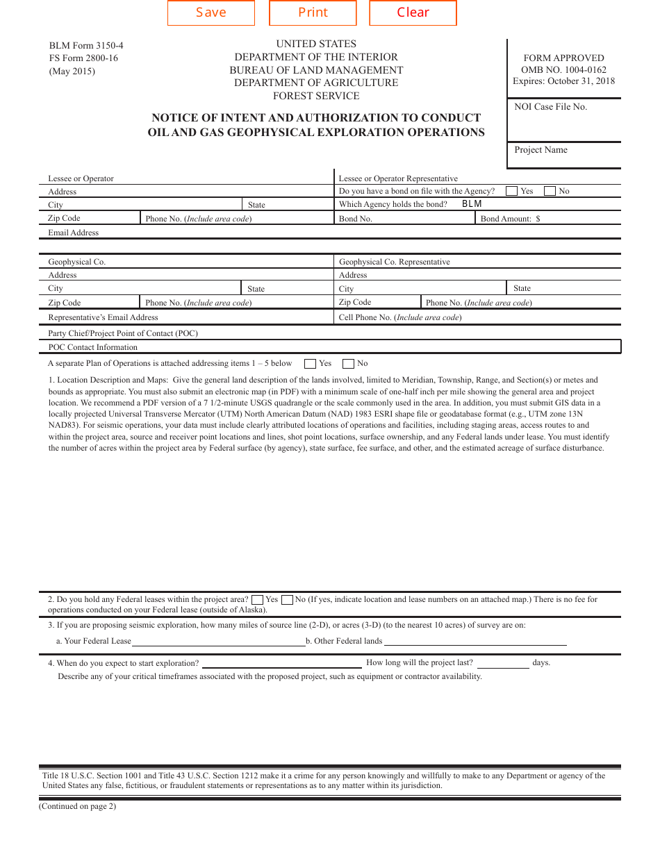 BLM Form 3150-4 (FS Form 2800-16) Notice of Intent and Authorization to Conduct Oil and Gas Geophysical Exploration Operations, Page 1